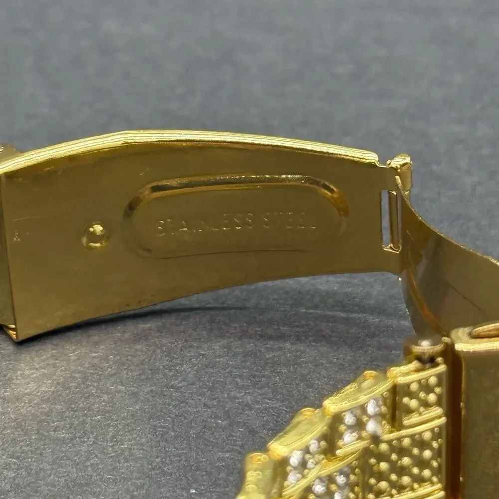 Gold Tone Iced Out Watch Green Dial Roman Numerals Crystal Date Bling Mens NEW